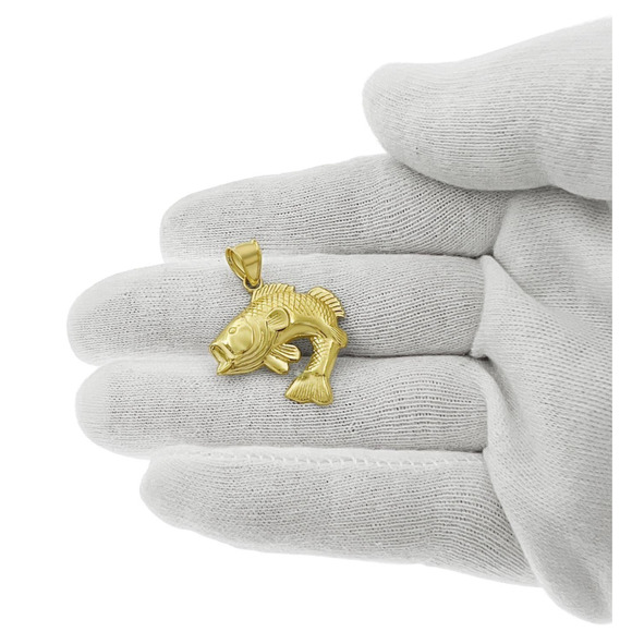 Sea Bass Fish Pendant Charm 10k Yellow Gold 1.2 inch - Picture 3 of 3